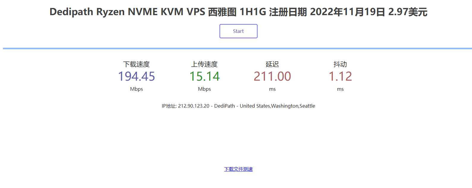 dedipath Ryzen NVME KVM VPS 西雅图 1H1G 测速