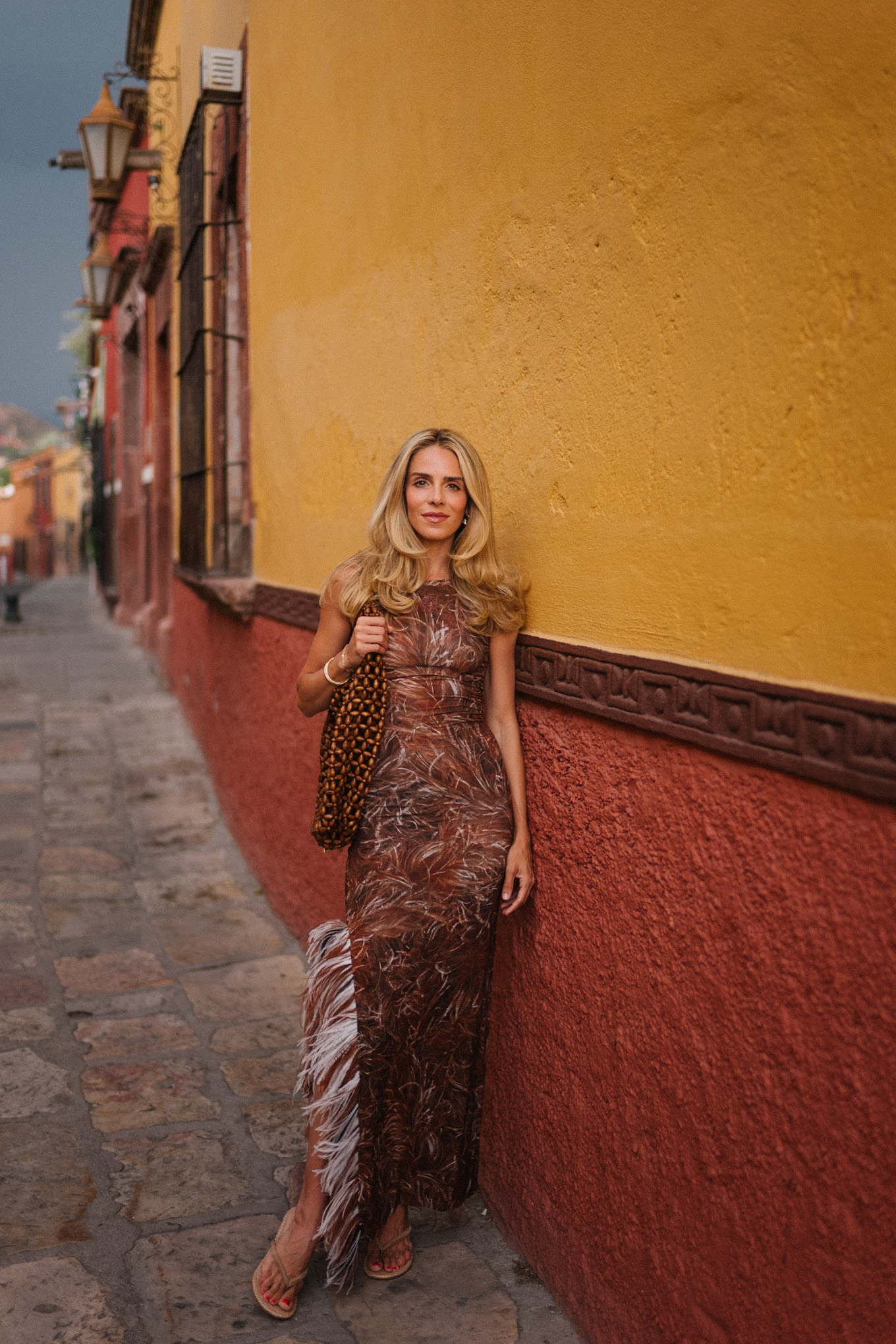 Robe maxi à plumes brunes