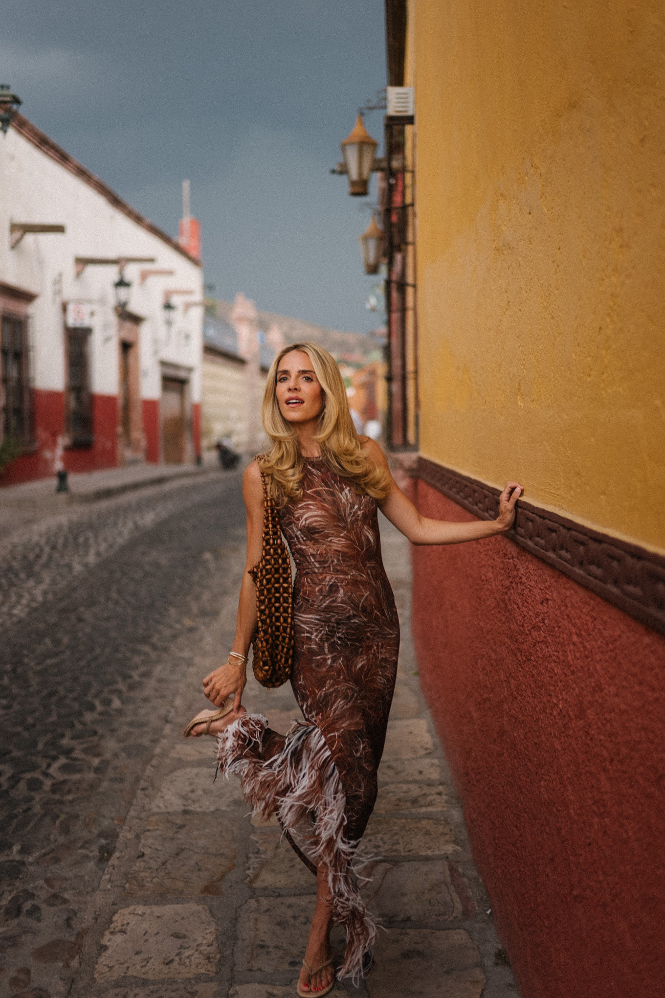 Robe maxi à plumes brunes