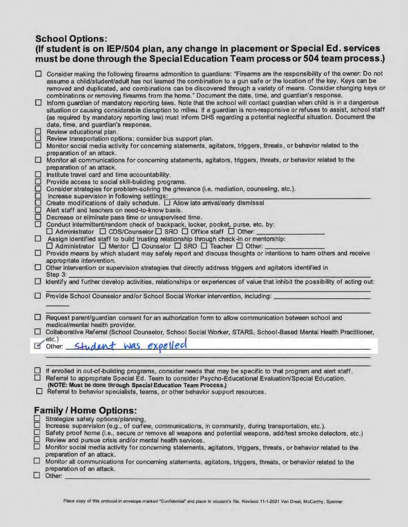 A piece of paper with the title “School Options” includes a long list of empty check boxes. Only the check box for “Other” is marked with the handwritten phrase, “student was expelled.”