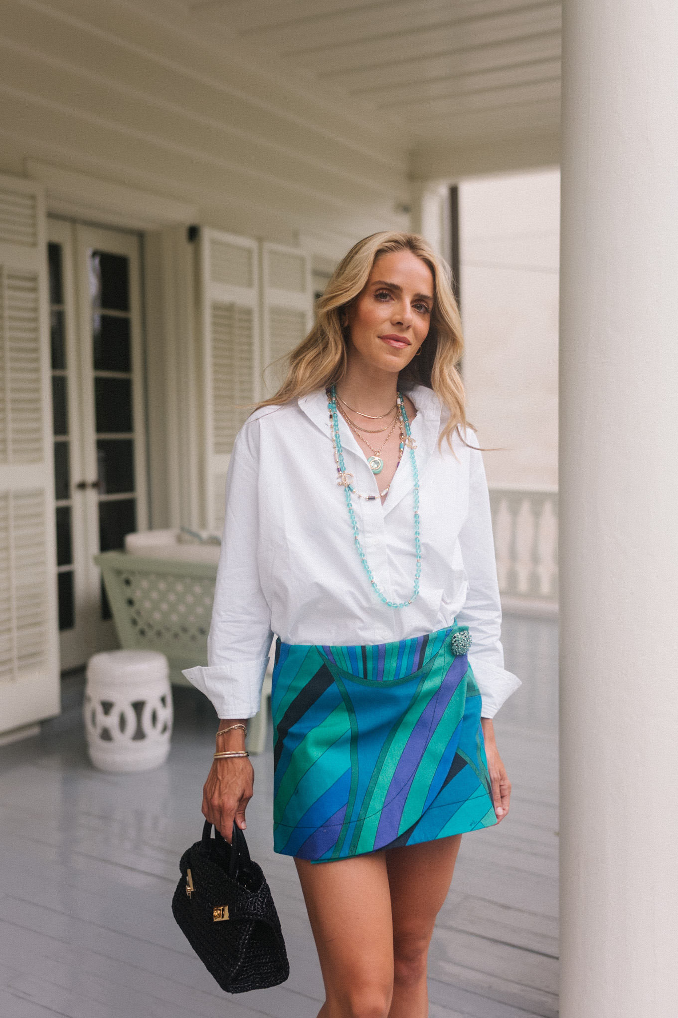 Coton blanc Popel Bouton Down Shirt Blue Graphic Mini jupe turquoise bijoux bijoux