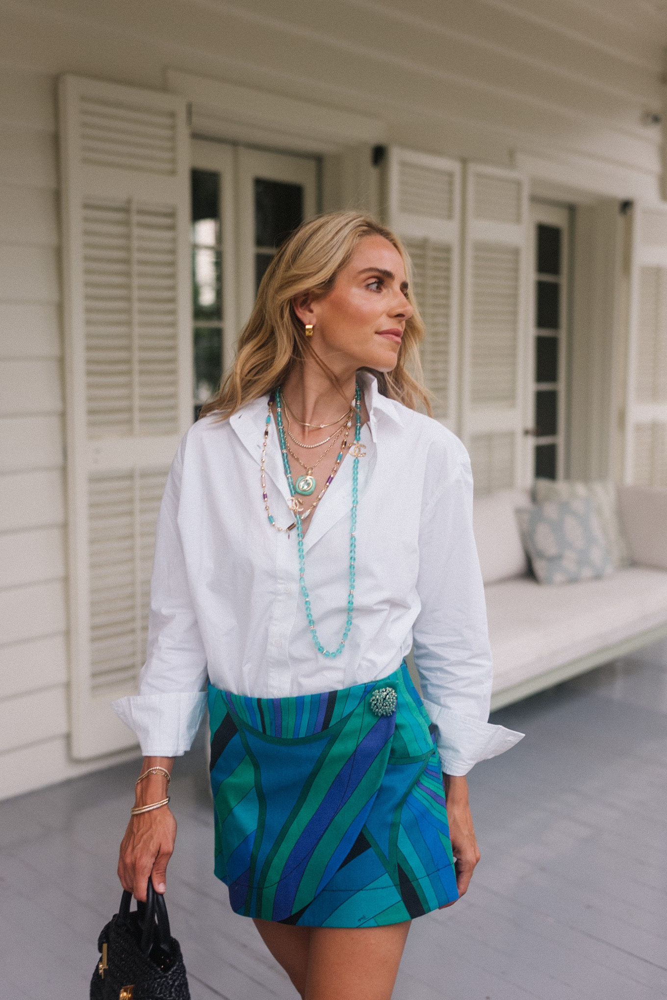 Coton blanc Popel Bouton Down Shirt Blue Graphic Mini jupe turquoise bijoux bijoux