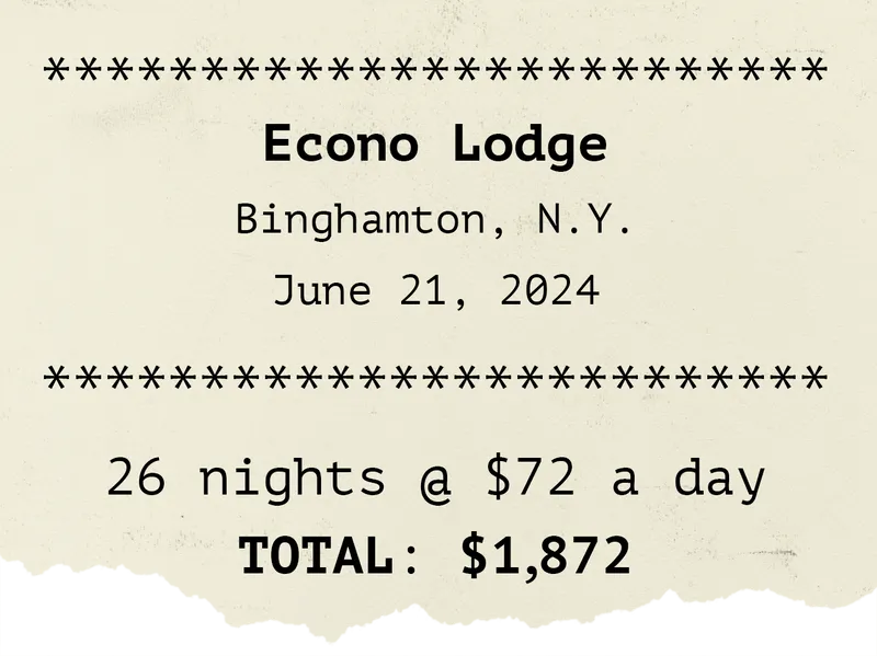 Illustration of a receipt with the text: Econo Lodge. Binghamton, New York. June 21, 2024. 26 nights @ $72 a day. TOTAL: $1,872.
