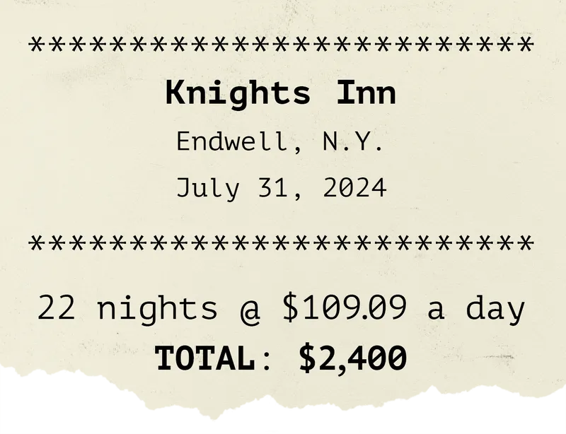 Illustration of a receipt with the text: Knights Inn. Endwell, New York. July 31, 2024. 22 nights @ $109.09 a day. TOTAL: $2,400.