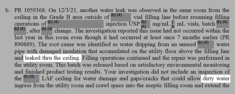 A grayscale image of an FDA report with the phrases “leaked thru the ceiling” and “dirty water” highlighted in white.