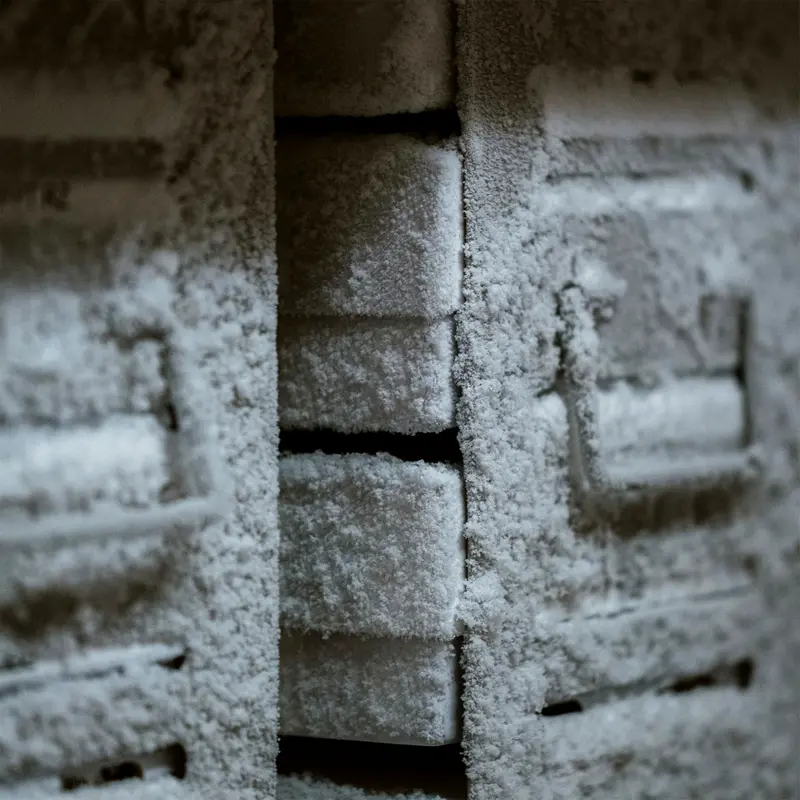 Frost-covered storage containers.