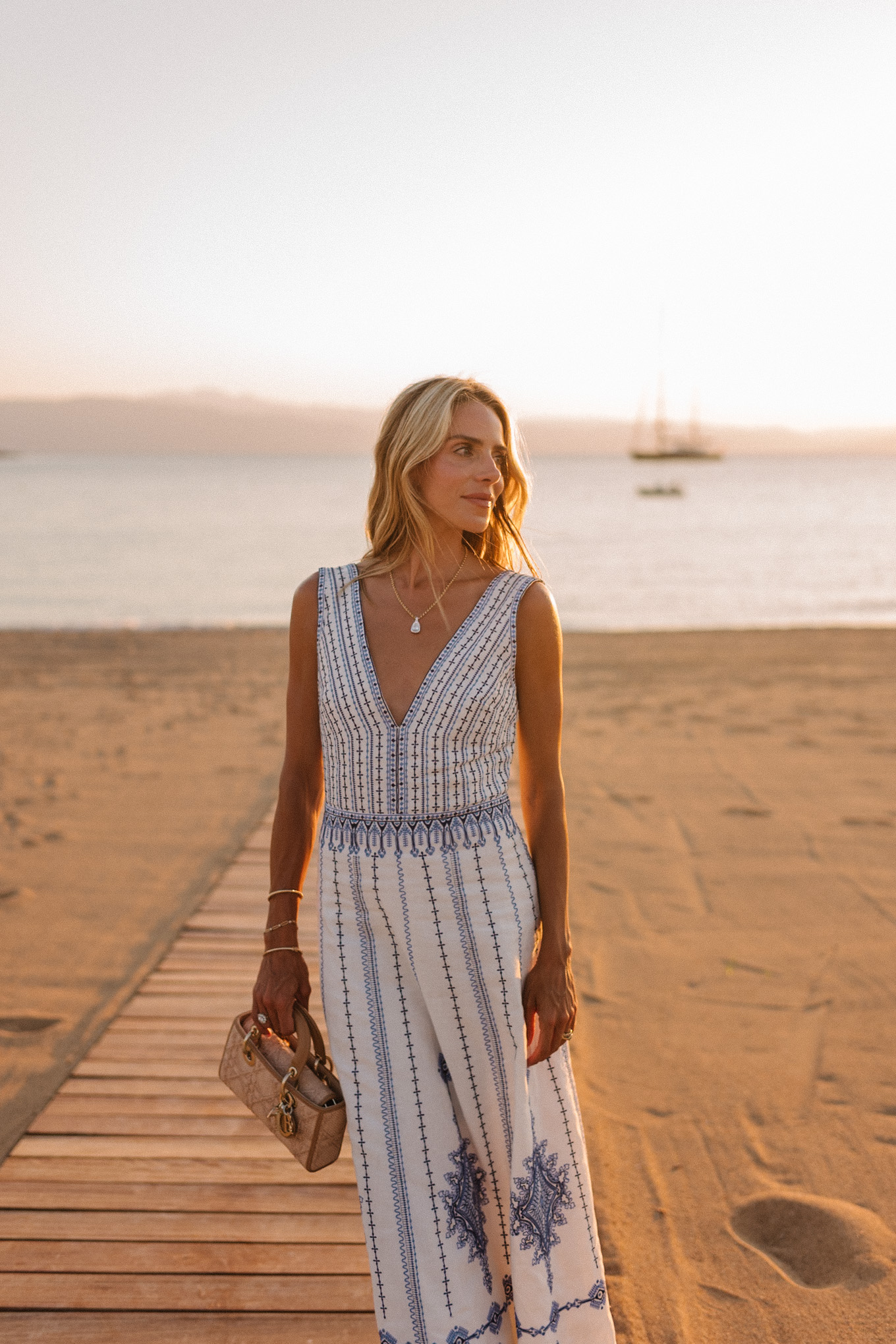 Robe maxi brodée bleu blanc