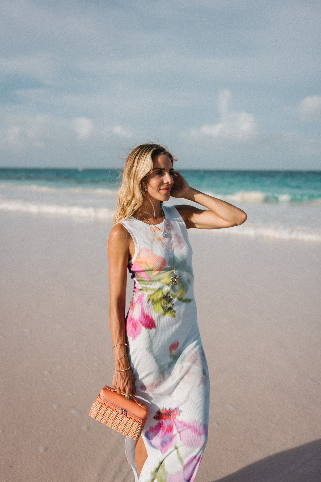 Robe midi blanc en jersey en raffie orange