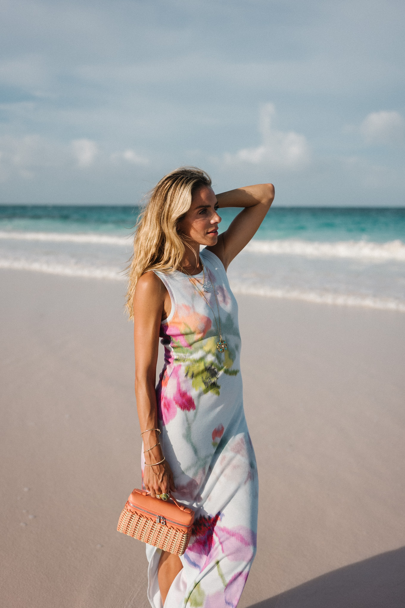 Robe midi blanc en jersey en raffie orange