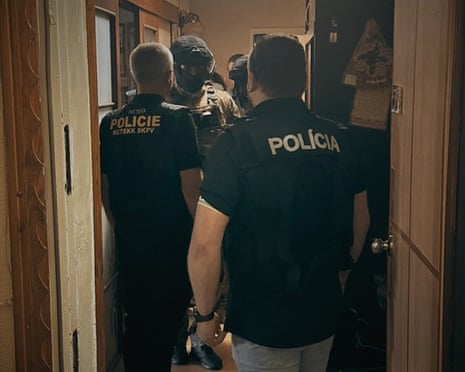 A handout photo, provided by the Slovak police on its Facebook, of the arrest of a Ukrainian citizen in Dnipro, Ukraine, who allegedly was involved in sending bomb threats against schools in Czech Republic and Slovakia.