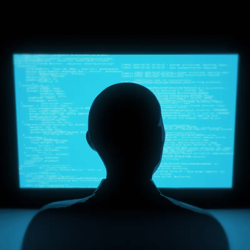 An illustration of a worker seated in front of a glowing blue computer monitor with code on the screen.