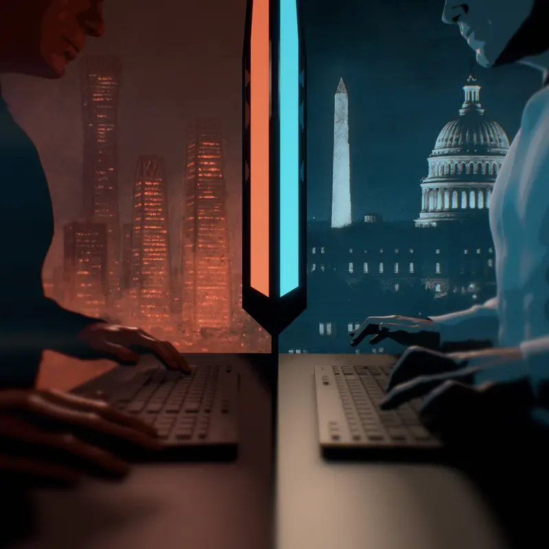 A split-screen illustration showing, on the left, a red computer monitor illuminating a worker looking at the screen with the Beijing skyline in the background. On the right is a blue computer monitor illuminating a worker looking at the screen with the Washington, D.C., skyline in the background.