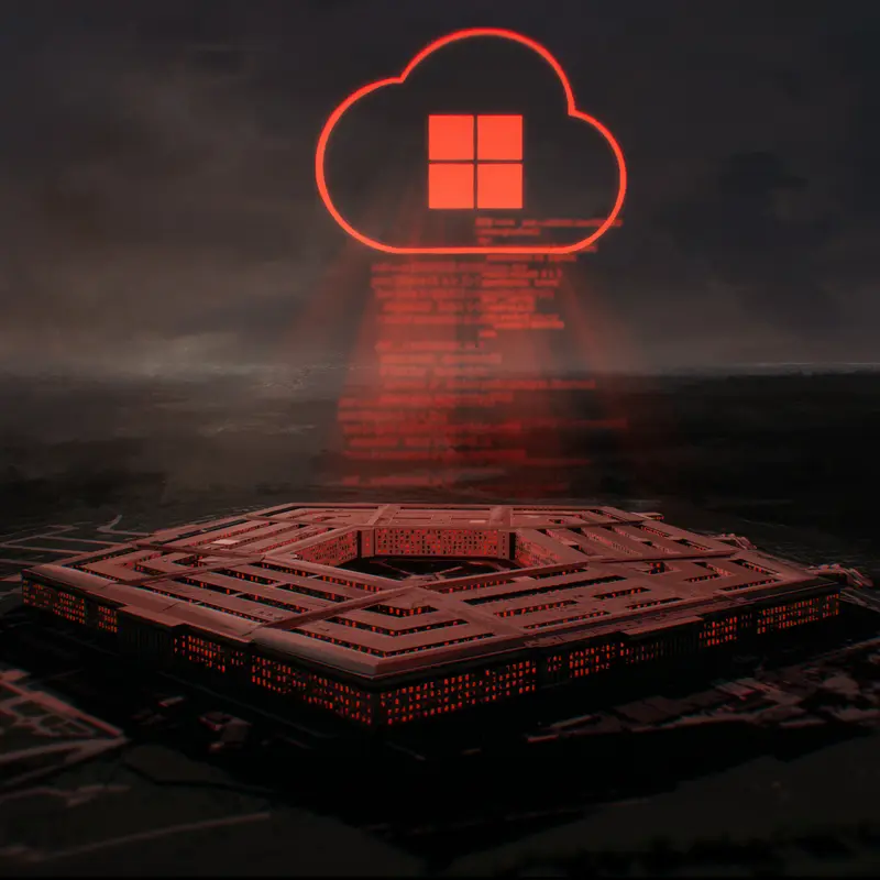 An illustration showing the Microsoft cloud illuminated in red with red code raining ominously down onto the Pentagon. The windows in the Pentagon are lit up in red.