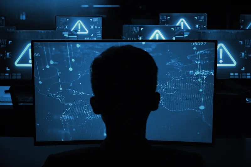 An illustration showing a worker in a room full of computer monitors with bright blue warning symbols on the screens. The worker is seated in front of one larger blue monitor displaying a world map with various points on the map highlighted.