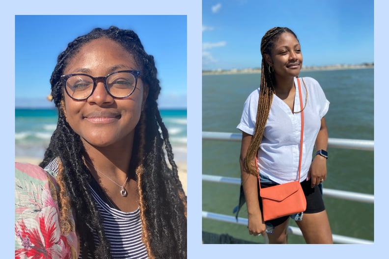 Two photos of a Latina wearing protective hairstyles are shown side by side