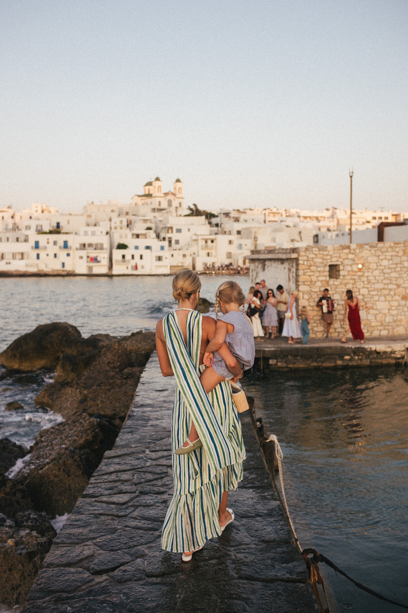 Bleu-Robe en lin rayé blanche blanche