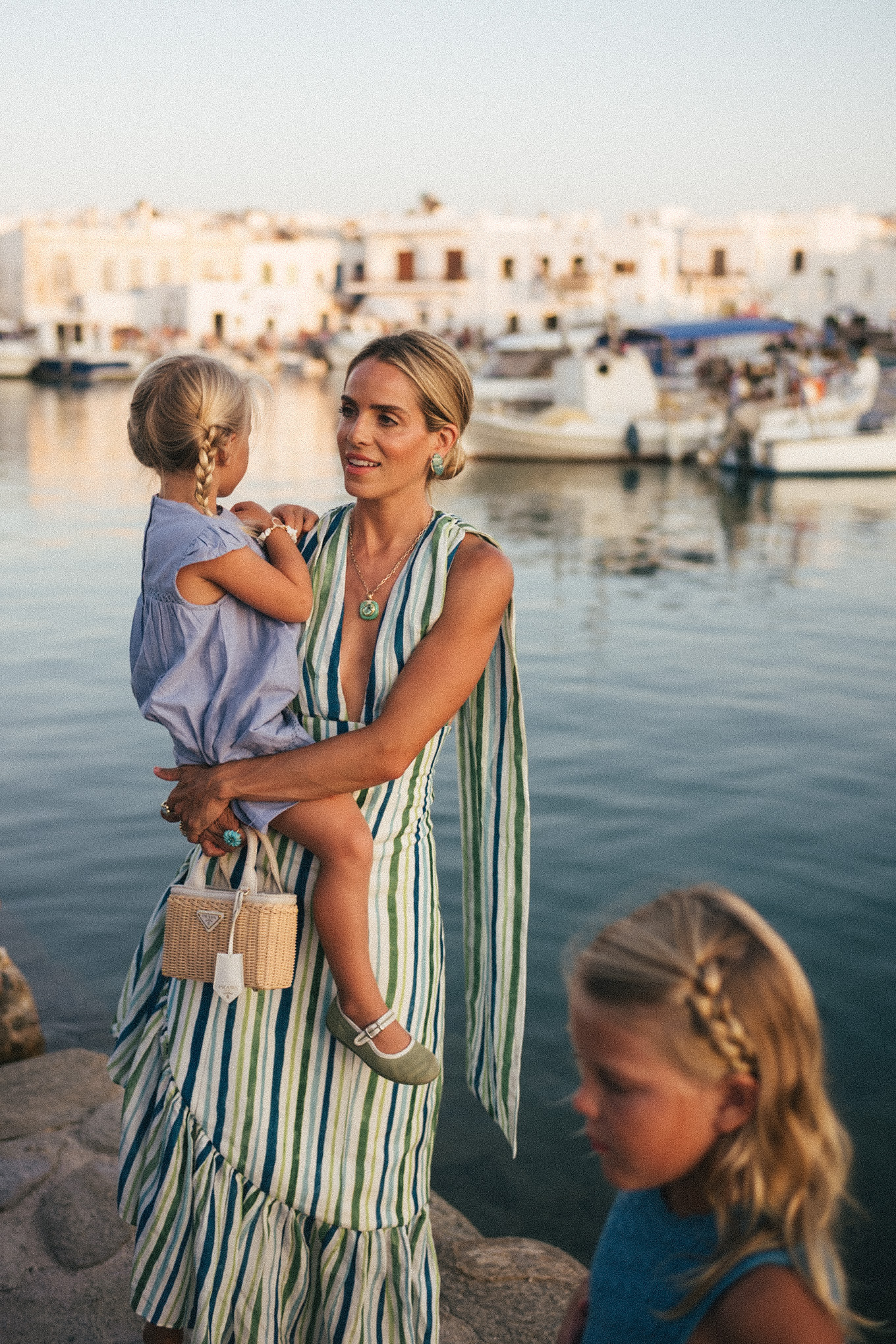 Bleu-Robe en lin rayé blanche blanche
