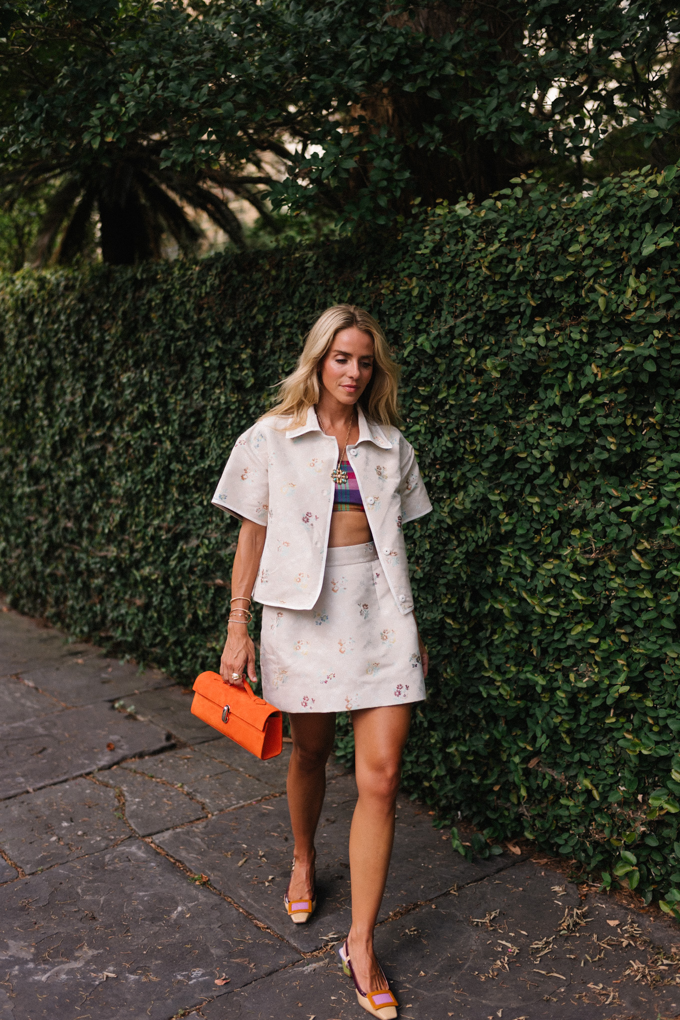 Chemise de chemise collée set rock sac orange plaid bh top coloré pompes