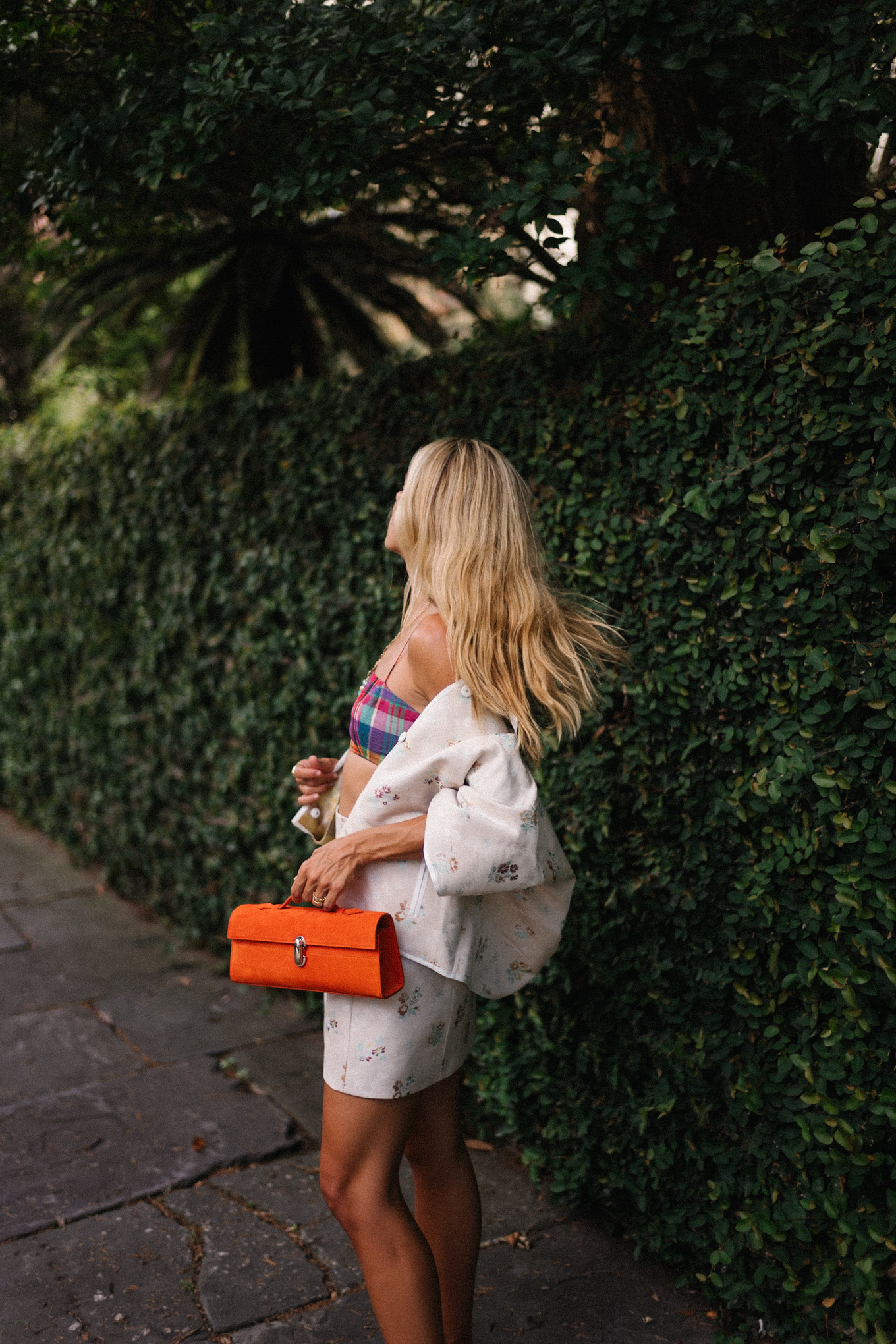 Chemise de chemise collée set rock sac orange plaid bh top coloré pompes