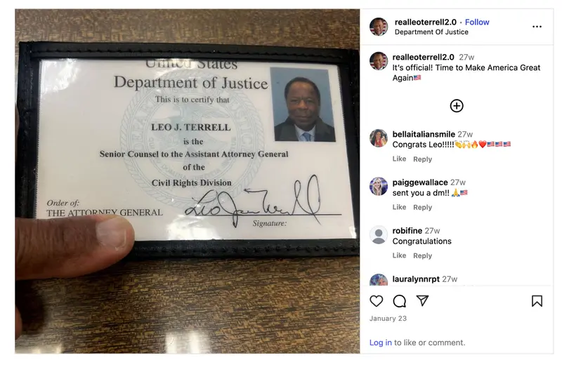 A screenshot of an Instagram post where Terrell shared a picture of his Department of Justice badge stating “Leo J. Terrell is the Senior Counsel to the Assistant Attorney General of the Civil Rights Division.”