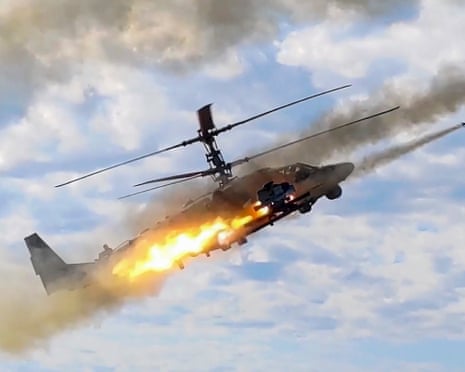 A handout still image taken from handout video provided on 13 September 2025, by the Russian Defence ministry press-service shows a Kamov Ka-52 Alligator attack helicopter taking part in the Zapad-2025 (West-2025) joint military drills of the Russian and Belarus armed forces at an undisclosed location in Russia.