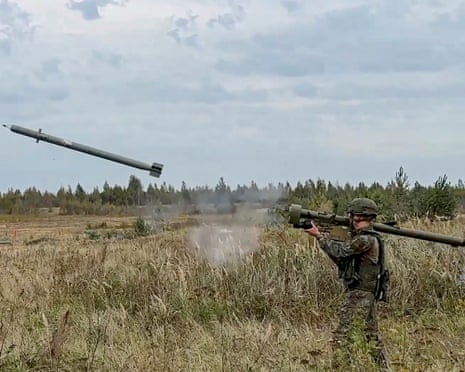 A handout still image taken from handout video provided by the Russian Defence ministry press-service shows Russian servicemen fire an ‘Igla’ man-portable surface-to-air missile system during the Zapad-2025 (West-2025) joint military drills of the Russian and Belarus armed forces at Borisovsky range in Borisov, Belarus.