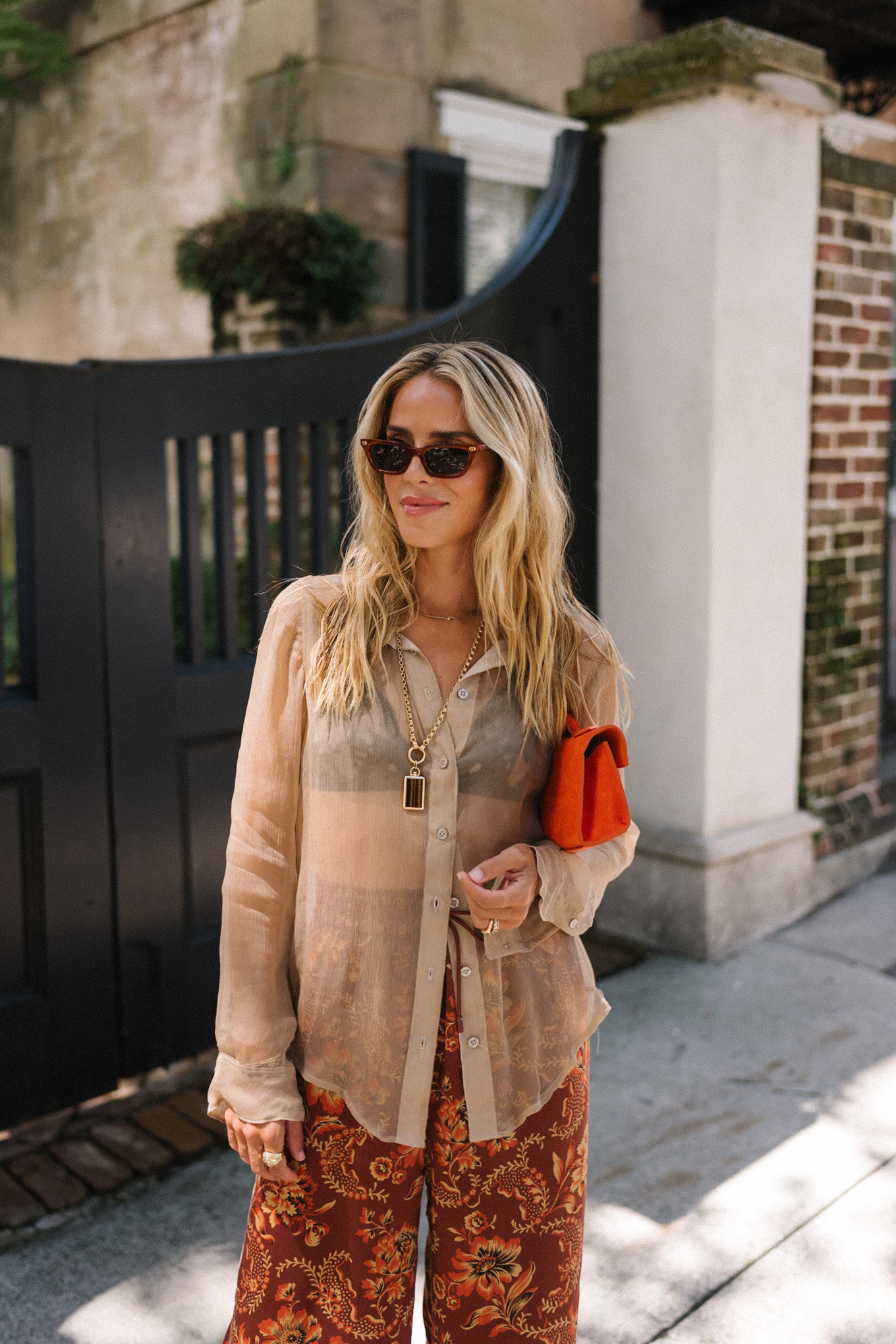 Pantalon en soie à motifs orange