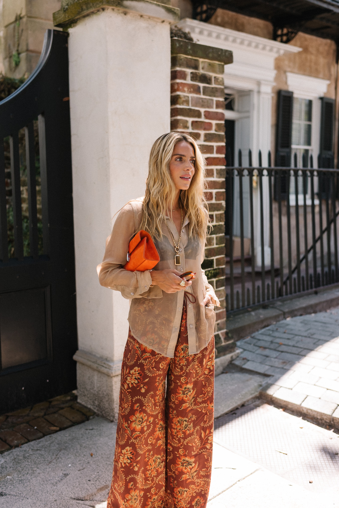 Pantalon en soie à motifs orange