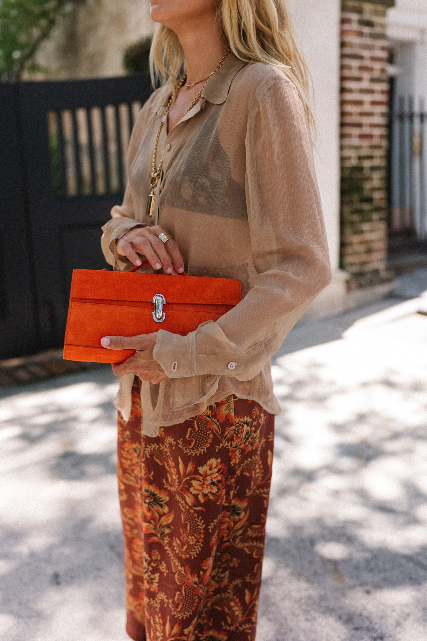 Pantalon en soie à motifs orange