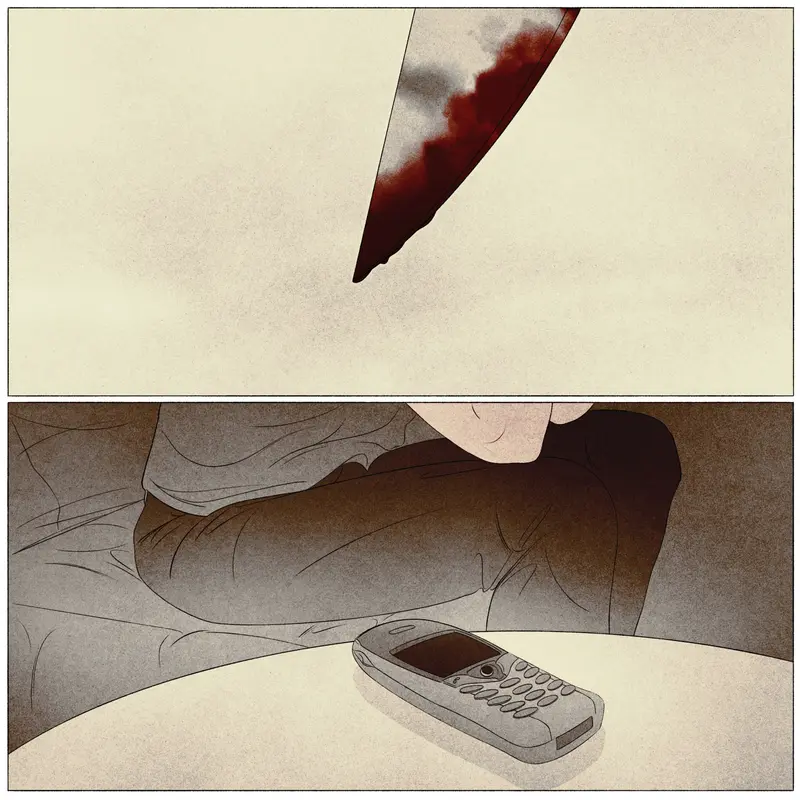 The tip of a knife covered in blood and, in a separate image, a person sitting on a couch, their elbows on their knees. A cellphone is resting near them on a table.