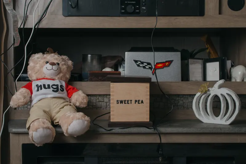On a shelf sit various items: a stuffed toy bear wearing a red and white shirt with the word “hugs,” a wooden box with the words “Sweet Pea,” and a silver box with the Corvette logo.