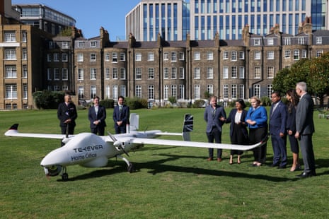 Shabana Mahmood with her Five Eyes colleagues standing next to a drone on the grounds of the Honourable Artillery Company on their summit.
