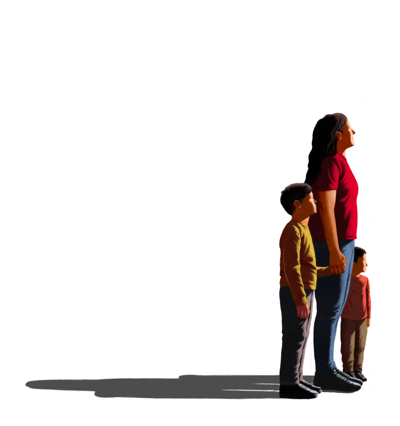 Illustration of a woman and two boys holding hands and looking toward a light source in the distance as their shadows stretch behind them.