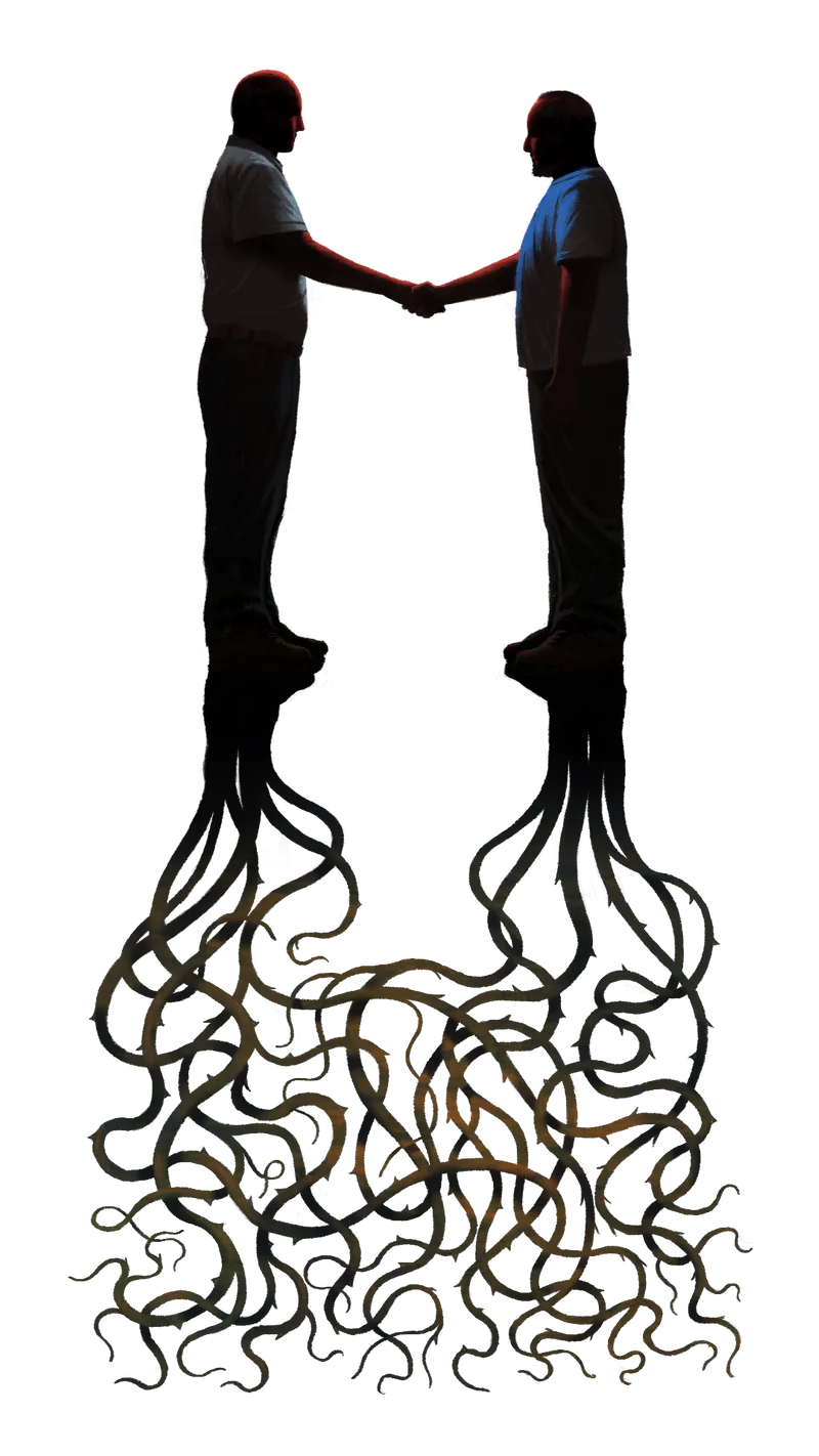 Illustration of two men shaking hands. Roots appear from the bottom of each of their feet and become entangled.