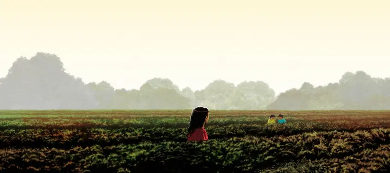 Illustration of a woman standing in a field, looking at two children.