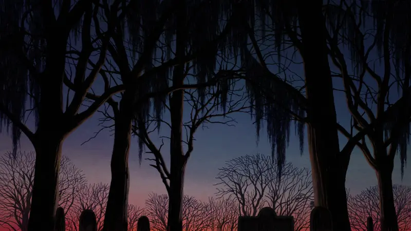 Illustration of a cemetery at dusk with Spanish moss hanging from bare trees.