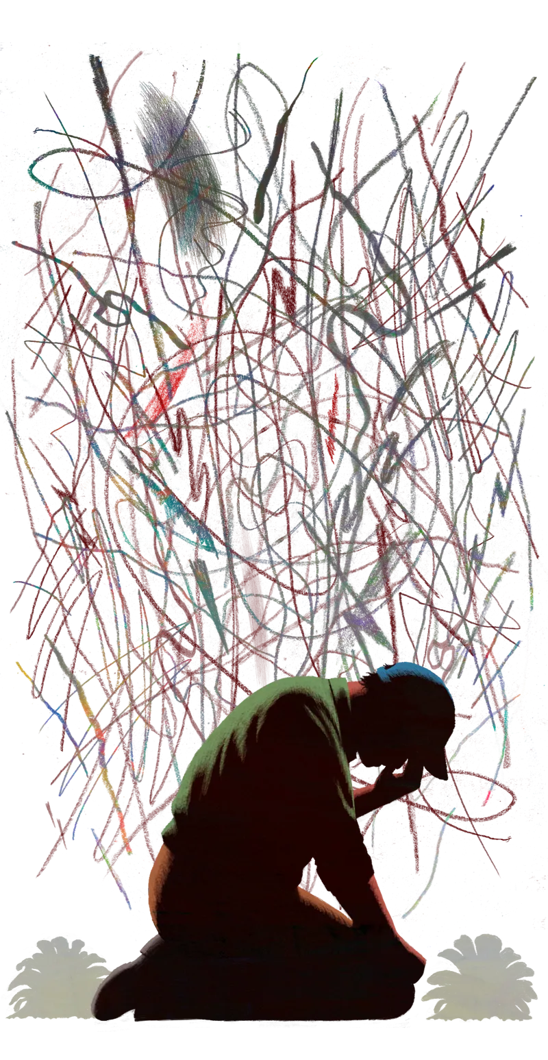 Illustration of a farmworker on their knees with their head bowed and one of their hands touching their forehead. Abstract, chaotic marks appear in the background.