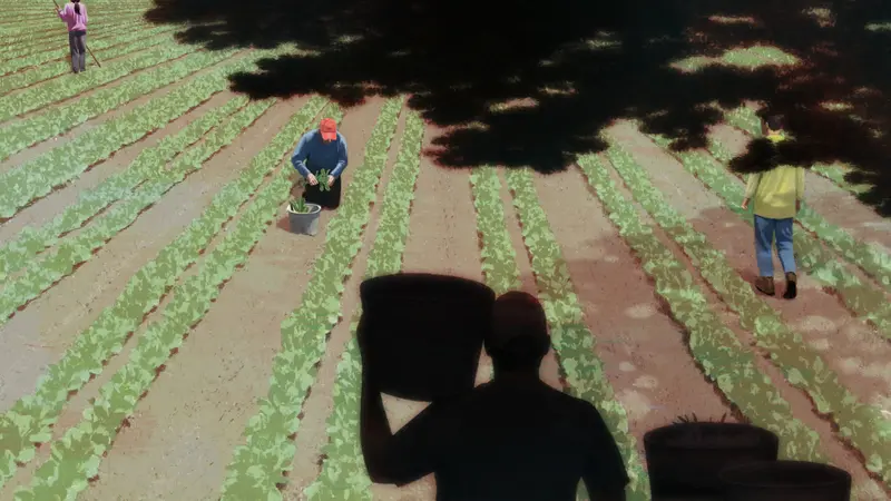 Illustration of farm laborers working in a field; some carry buckets while others harvest.
