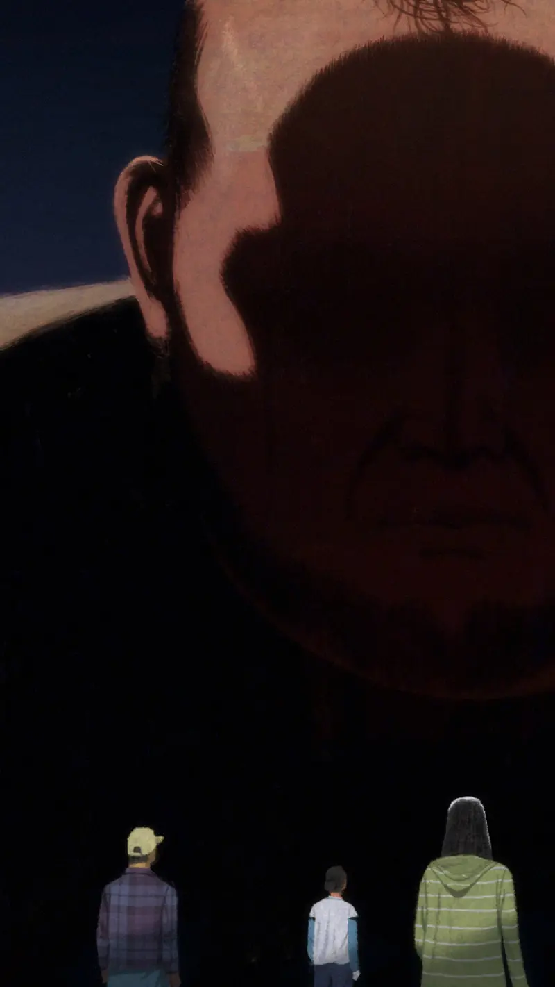 Illustration of the head and shoulders of a larger-than-life man looming over a group of much smaller people.