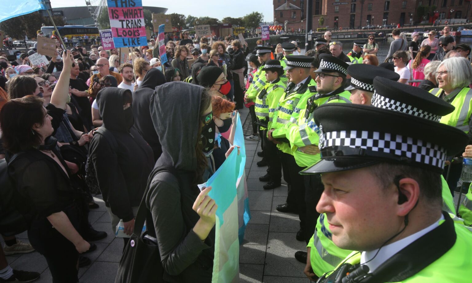 Trans activists demonstrate against Kellie-Jay Keen who was speaking in Liverpool, UK, on 8 October 2023.