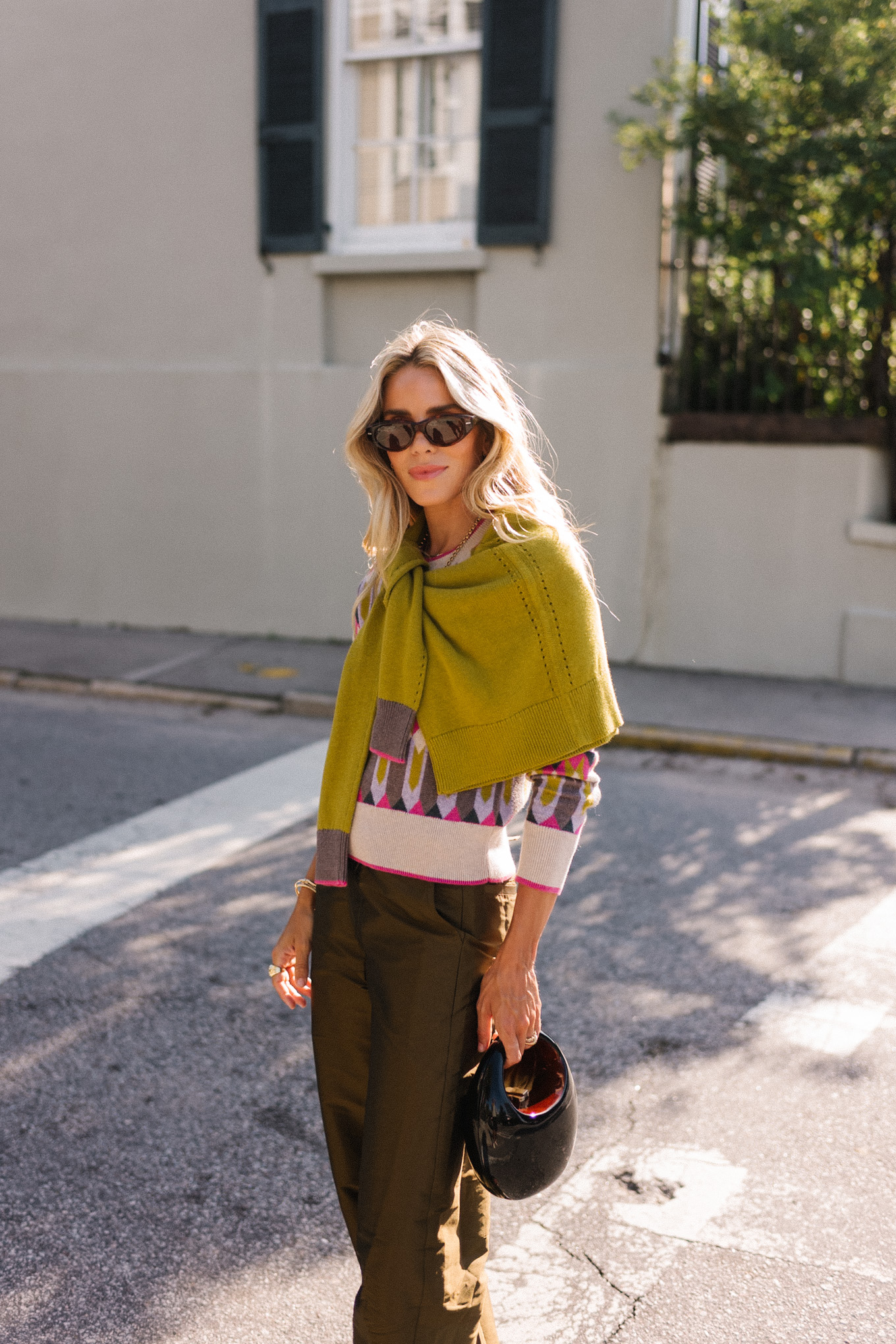 Tricoting en cachemire à motifs géométriques verts roses pour l'automne