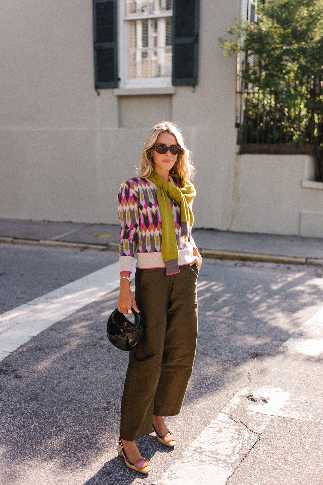 Tricoting en cachemire à motifs géométriques verts roses pour l'automne