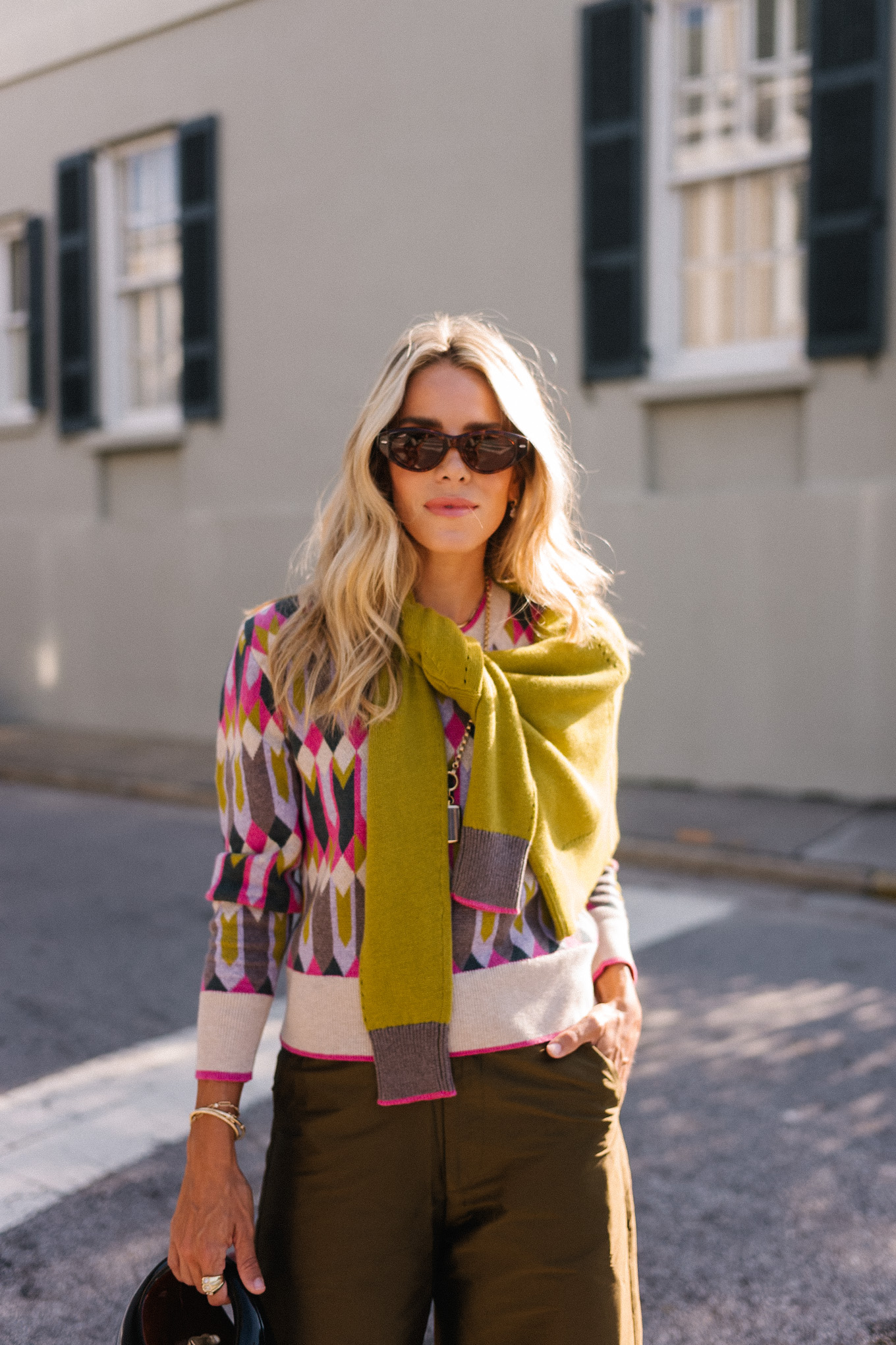 Tricoting en cachemire à motifs géométriques verts roses pour l'automne