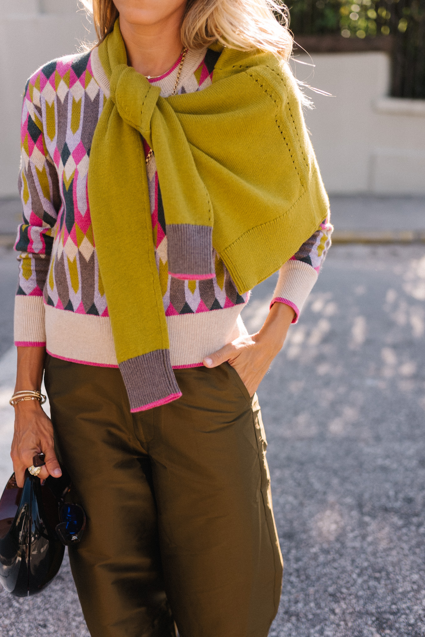 Tricoting en cachemire à motifs géométriques verts roses pour l'automne