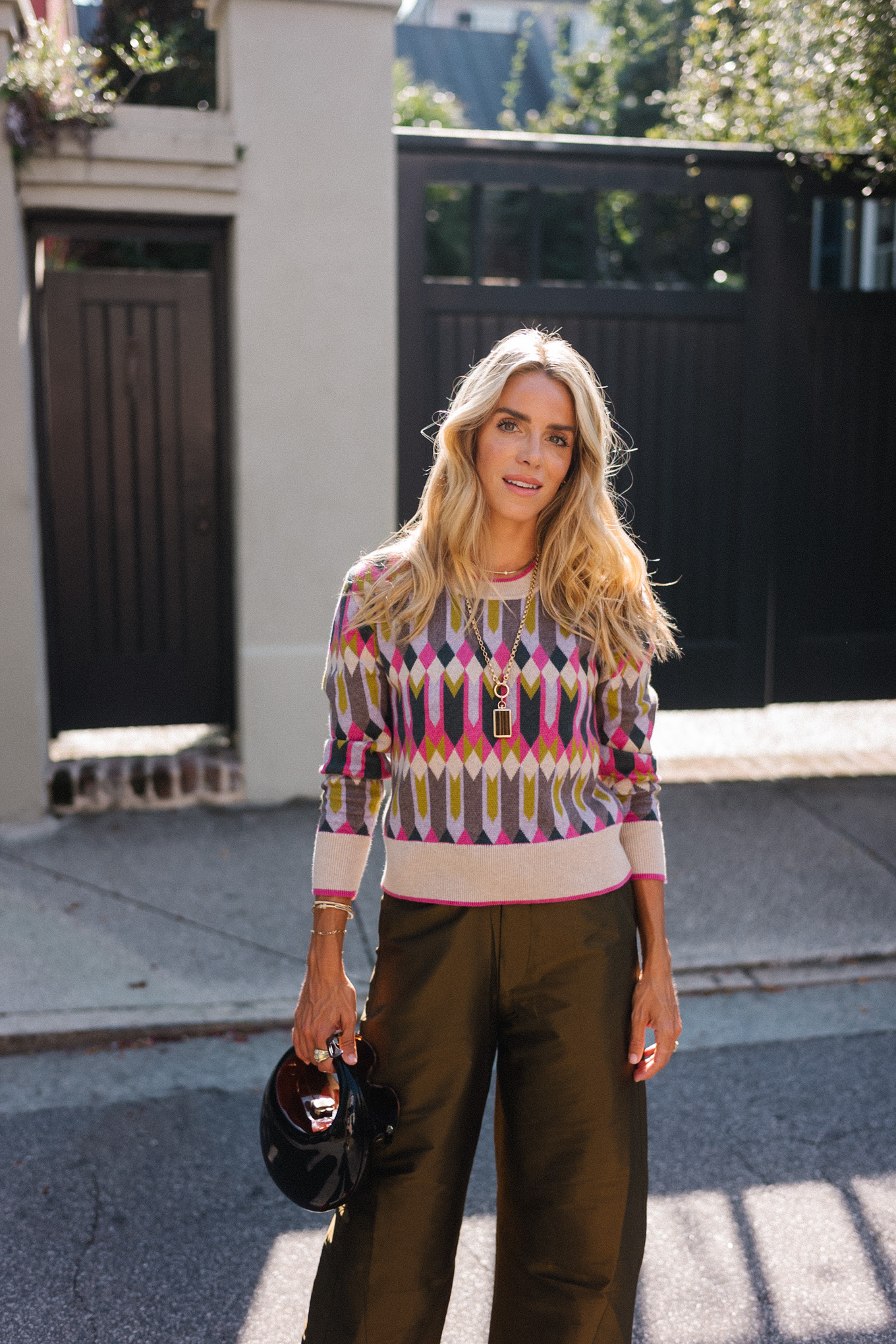 Tricoting en cachemire à motifs géométriques verts roses pour l'automne