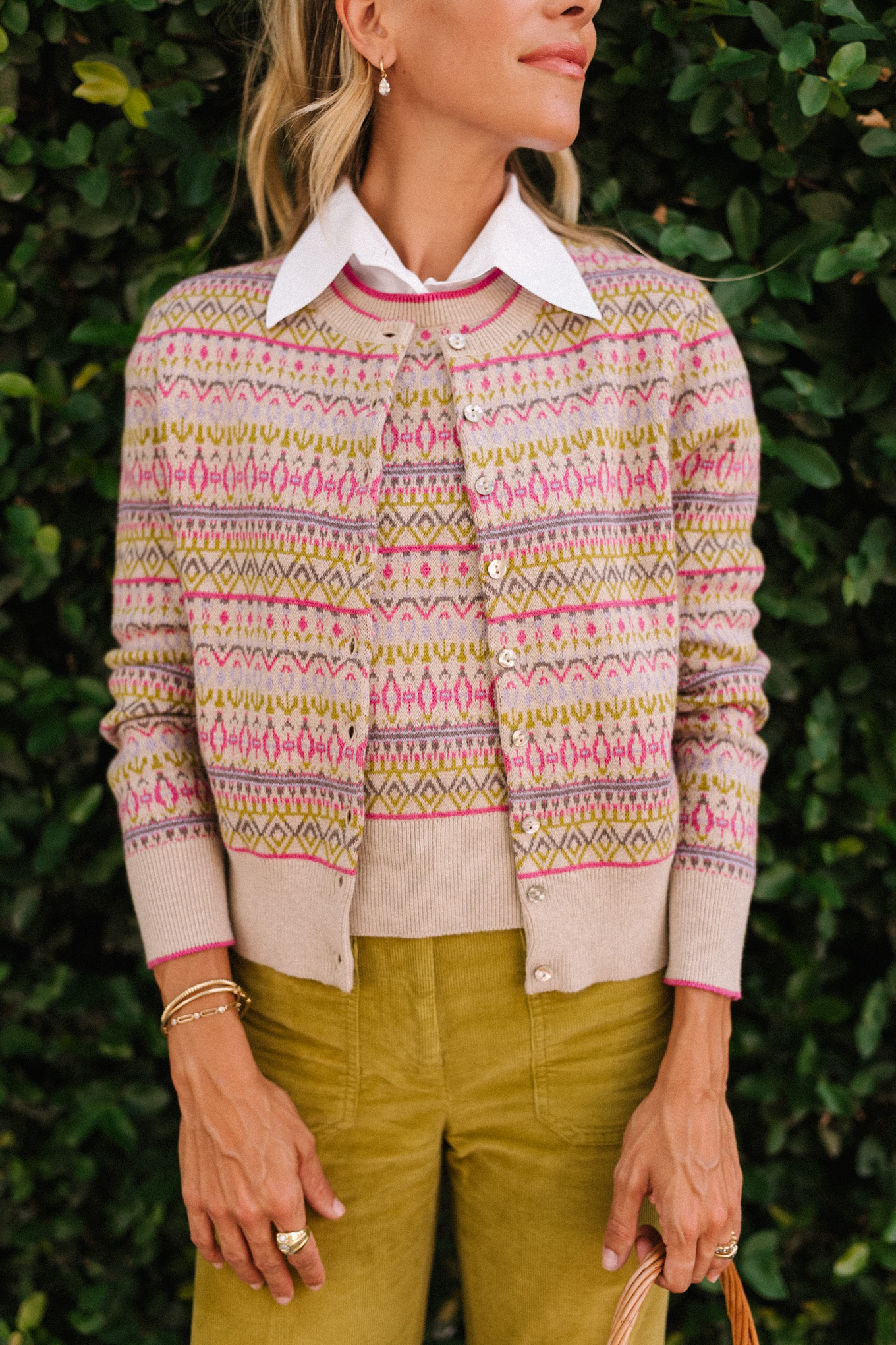 Tricoting en cachemire à motifs géométriques verts roses pour l'automne