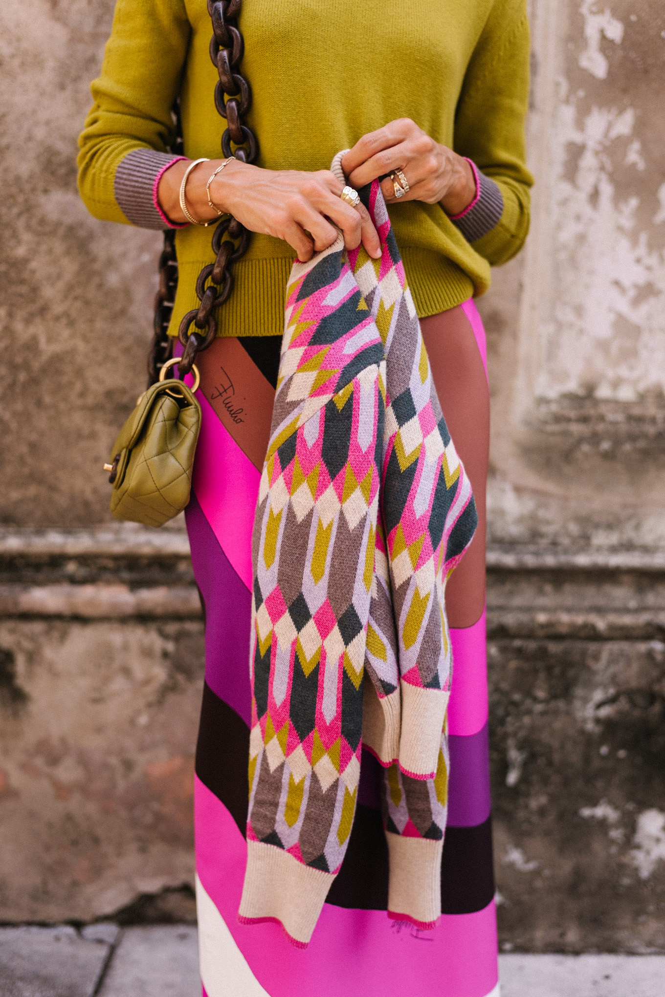 Tricoting en cachemire à motifs géométriques verts roses pour l'automne