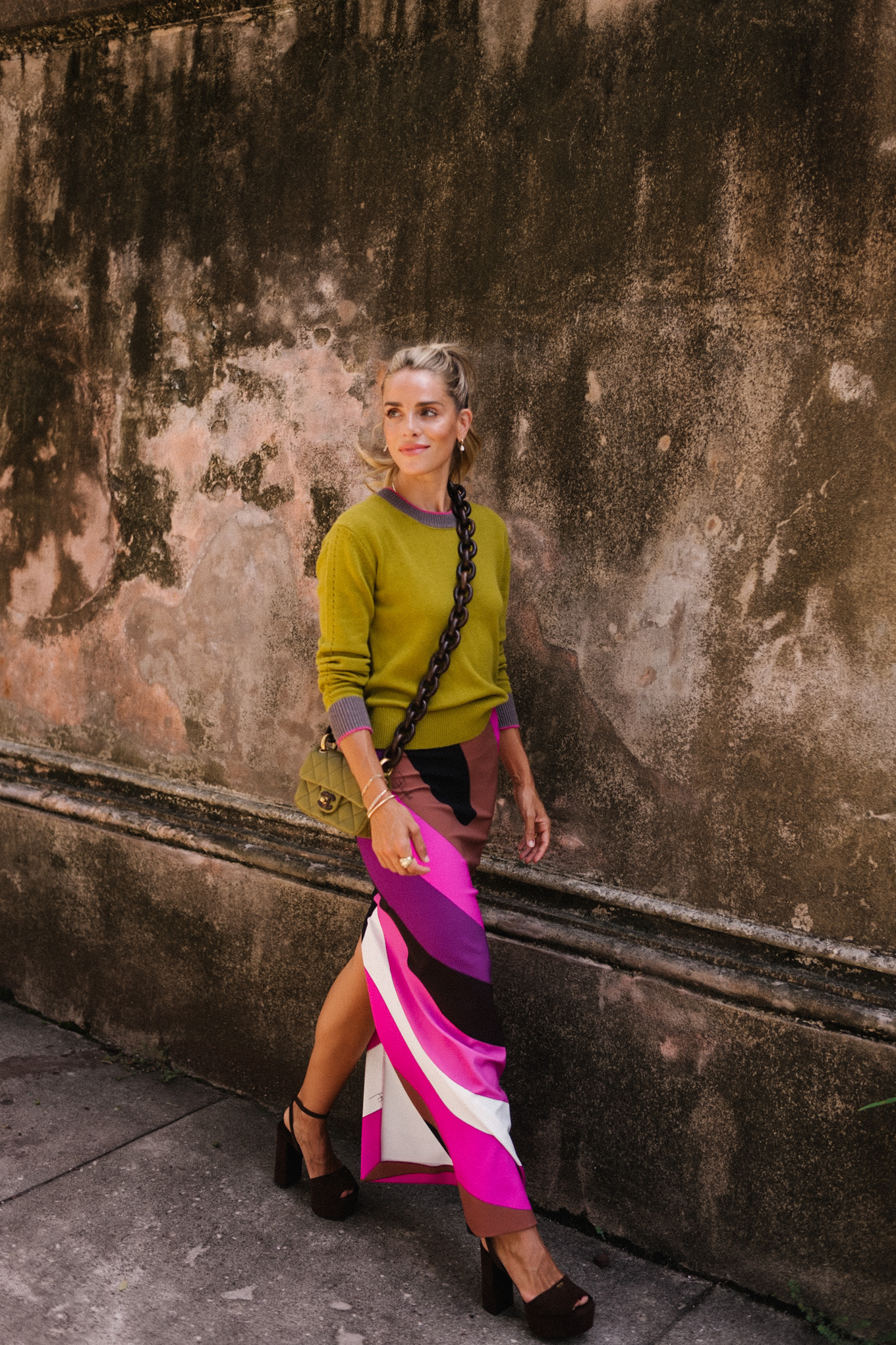 Tricoting en cachemire à motifs géométriques verts roses pour l'automne