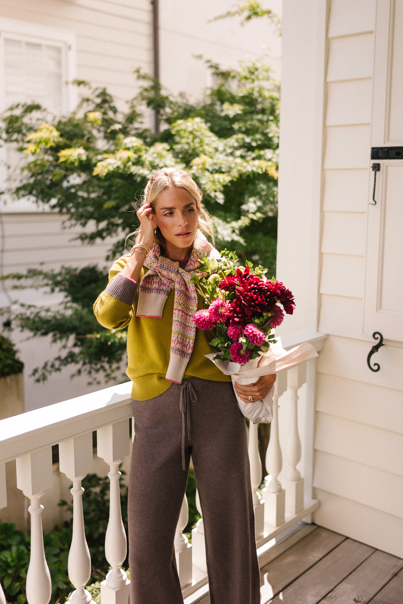 Tricoting en cachemire à motifs géométriques verts roses pour l'automne