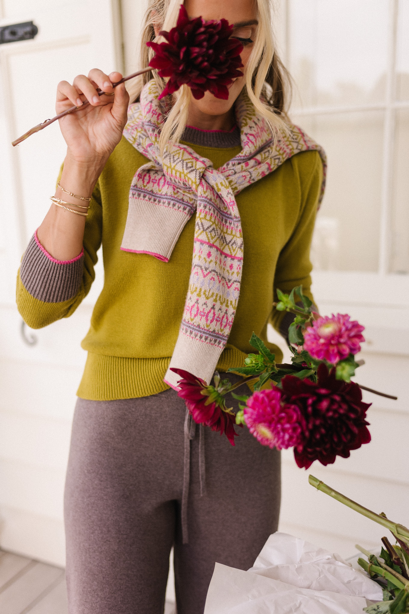 Tricoting en cachemire à motifs géométriques verts roses pour l'automne